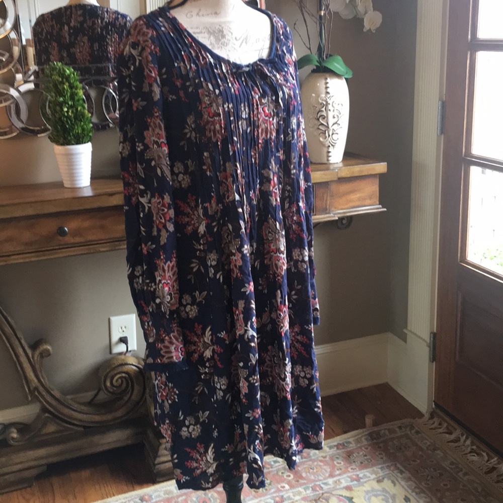 Navy, coral, brown and cream dress